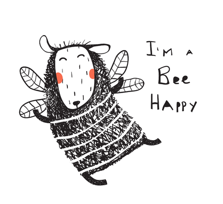 Fun lamb imaging being a bee flying happy. Vector cartoon.の写真素材