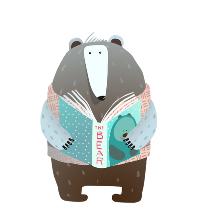 A cute smart dressed bear reading a book about bears. Vector illustration.の写真素材