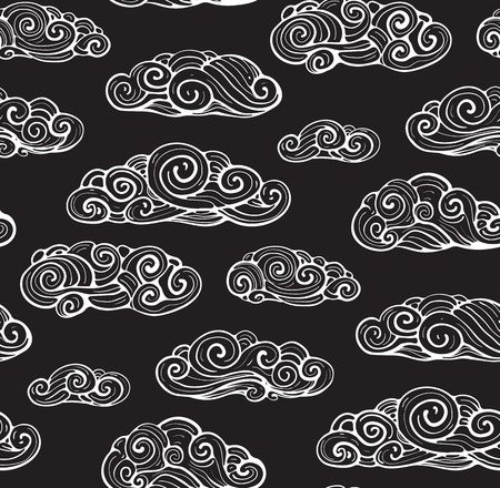 Seamless Pattern Clouds Background Hand Drawn. Outline intricate clouds seamless pattern on black. Vector background.の写真素材