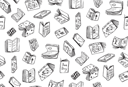 Seamless background of hand drawn black and white outline literature covers illustration.のイラスト素材