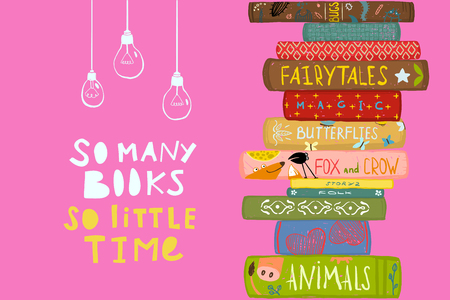 Bookstore book design on pink background. Vector illustration.の写真素材