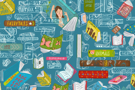 Colorful bookshelf design for education backdrop. Vector illustration.の写真素材