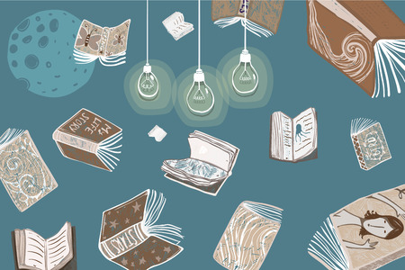 Reading hobby background hand drawn design. Vector illustration.の写真素材
