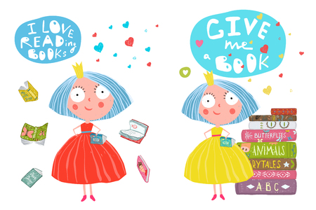 Girls and Books Reading Cartoonの写真素材