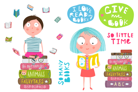 Colorful fun clip art cartoon of children lettering and a pile of books. Vector cartoon.のイラスト素材