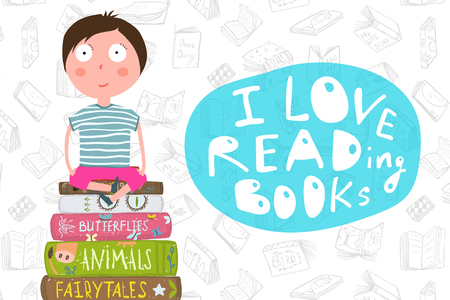 Kids reading cartoon modern design with lettering. Vector cartoon.のイラスト素材