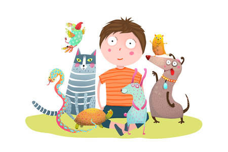 Fun colorful cartoon with little boy and domestic animals. Vector illustration.のイラスト素材