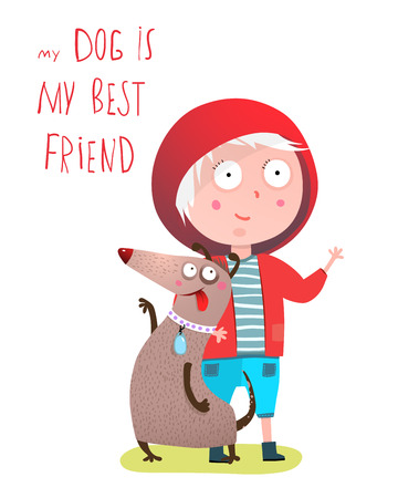 Animal and little guy friendship having fun outside. Vector illustration.のイラスト素材