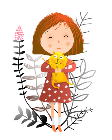 Cute little girl and her adorable funny pet. Vector illustration.のイラスト素材