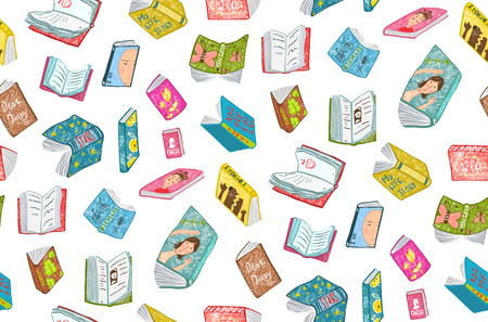 Colorful seamless background of hand drawn books covers illustration.の写真素材