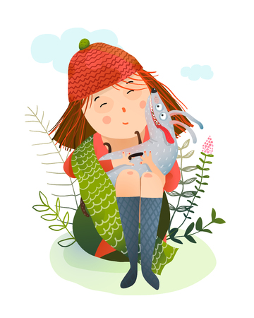 Cute little kid holding funny dog cub cartoon. Vector illustration.のイラスト素材