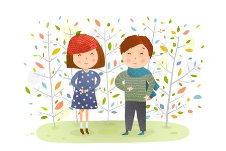 Young kids and fall nature cartoon. Vector illustration.のイラスト素材