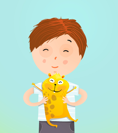 Little kid and his lovely pet. Vector illustration.のイラスト素材