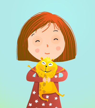 Cute little kid with guinea pig pet. Vector illustration.のイラスト素材