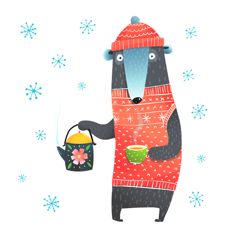 Funny colorful cartoon with bear drinking tea. Vector illustration.のイラスト素材