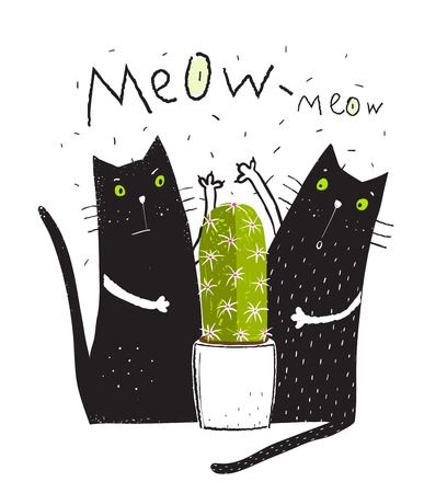 Cats pets and cactus doodle cartoon friends graphic design.のイラスト素材