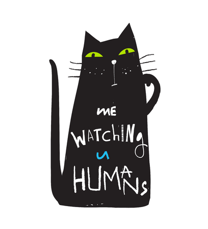 Fun black cat hand drawn design sitting looking you.のイラスト素材
