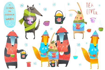 Seasonal winter clip art collection with animals and tea cups.のイラスト素材
