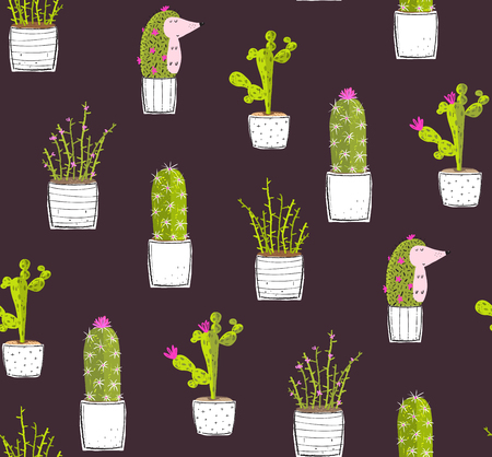 Cactus succulents and Hedgehog cute background print pattern.のイラスト素材