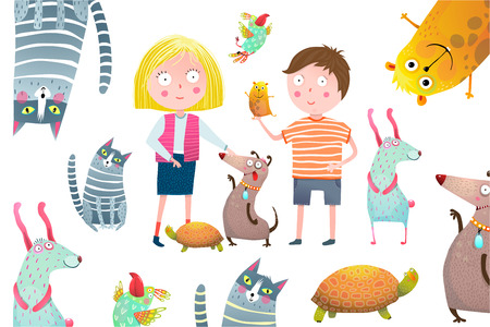 Young kids and domestic animals vector cartoon.のイラスト素材