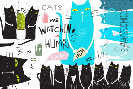 Cats animals collage hand drawn graphic design.のイラスト素材