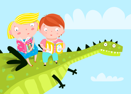 Cute kids sitting on the dragon flying in the sky and reading fairy tale booksの写真素材