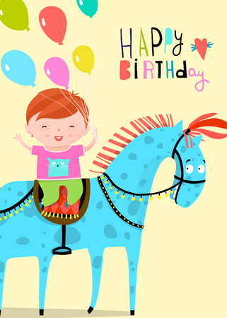 Happy Birthday Greeting with boy riding on the horse holding colorful balloonsの写真素材