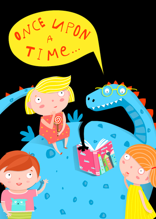 Children and Dragon Reading Book at Night. Fairy tale dragon reading a book to kids in darkness.の写真素材