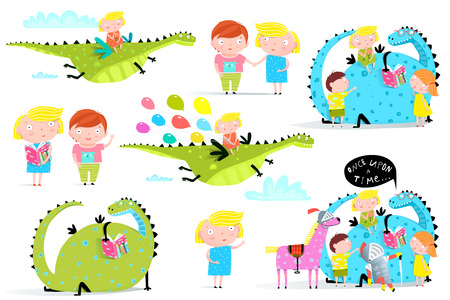 Kids Reading Books Dragon Clip Art Collection. Fairy tale dragon reading a book to children cartoon.の写真素材