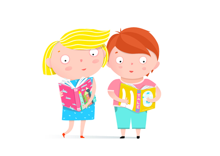 Boy and girl reading book clip art. Little kids reading books together.の写真素材