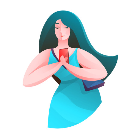 Beautiful Woman Looking at Smartphone Screen. Close-up of pretty girl looking at screen of smartphone.の写真素材