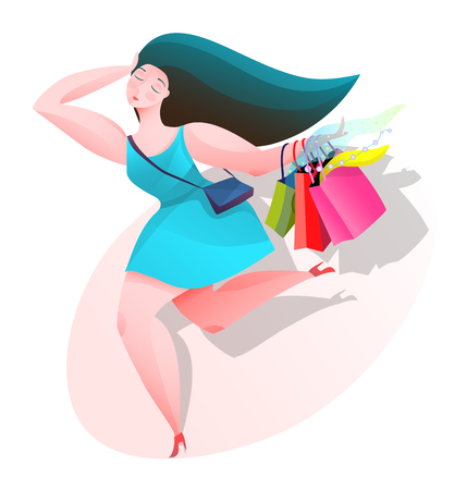 Beautiful Woman Shopping Icon with Shadow. Shopping woman running with purchases in paper bags.の写真素材