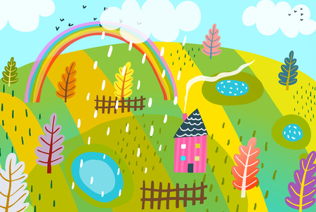 Rural Landscape Design Kids Style Graphicの写真素材