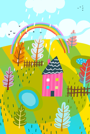 Countryside Summer House Background Kids Drawingの写真素材