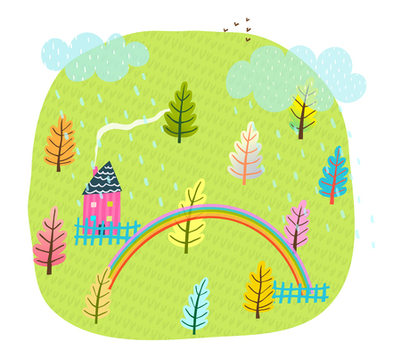 Summer House Field and Trees Kids Landscapeの写真素材