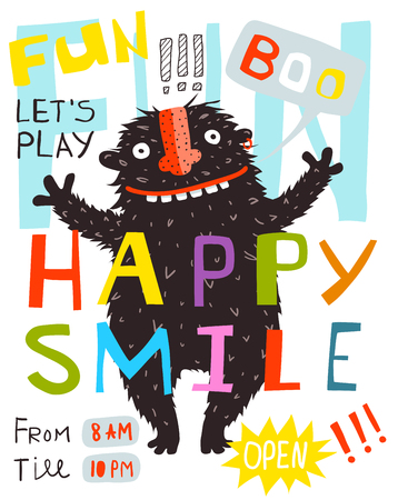Monster Fun Happy Smile Lettering Poster Design. Funny kids design with black greeting monster.のイラスト素材