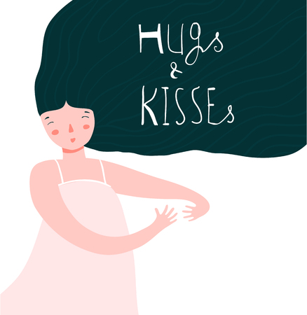 Pretty woman hug and kiss hand drawn lettering design.のイラスト素材