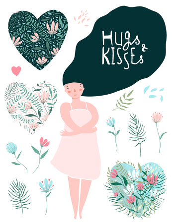 Brunette woman and Valentines symbols design collection.のイラスト素材