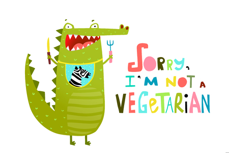 Cartoon croco with for and knife dining. Vector cartoon.のイラスト素材