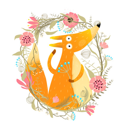 Floral decoration and cute little fox design.のイラスト素材