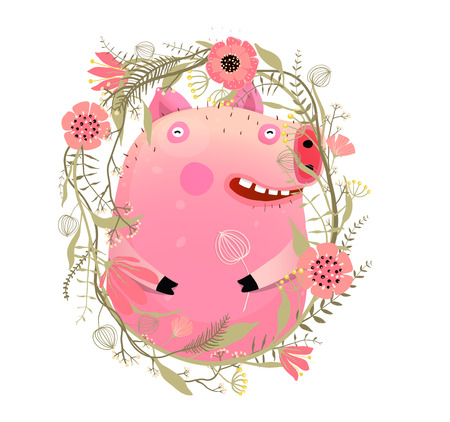 Blooming cute piggy animal smiling funny happy.のイラスト素材