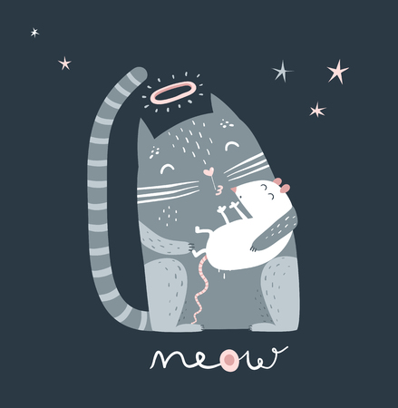 Night cat and little rodent sleeping together.のイラスト素材