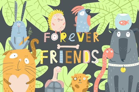 Animals in nature design with lettering forever friends.のイラスト素材