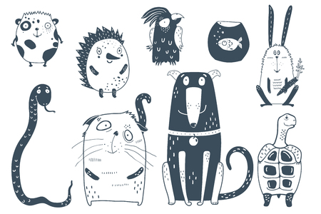 Dog cat parrot hamster and rabbit hedgehog graphic cartoon.のイラスト素材
