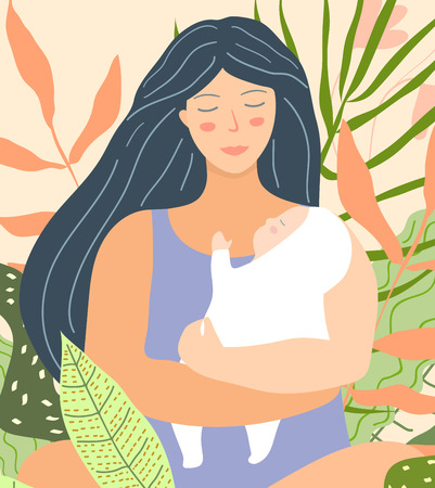 Peaceful illustration of beautiful mother and kid in her arms.のイラスト素材