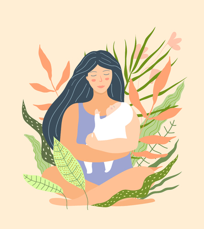 Young beautiful woman sitting with kid and floral decoration.のイラスト素材