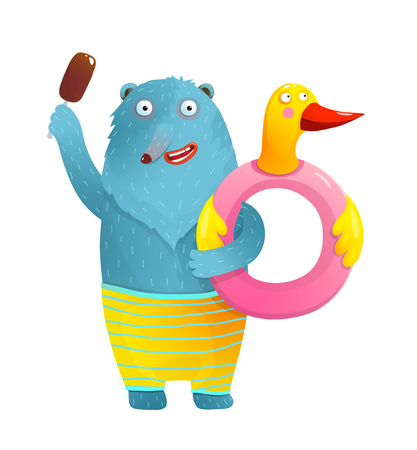 Funny bear and duck float donut for swimming in summer cartoon.のイラスト素材
