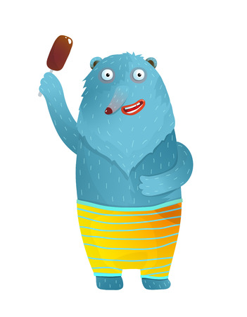 Blue Bear holding ice cream colorful funny watercolor style cartoon for kids isolated.のイラスト素材