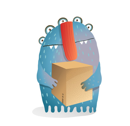 Delivery funny moster fictional cartoon character in watercolor style.のイラスト素材