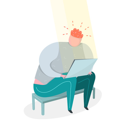 Fat man sitting in front of computer alone with bad emotion. Flat vector concept.のイラスト素材